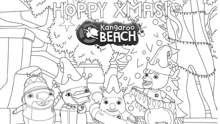 Kangaroo Beach characters wearing Christmas hats surrounded by Christmas decorations, with the text "Hoppy Xmas"