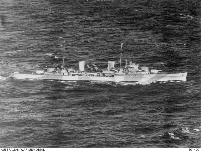 Black and white photo of the HMAS Sydney at sea before it was sunk of the Western Australian Coast. 