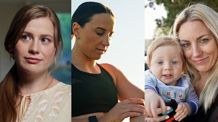 A composite image of three women. One of the women holds a baby.