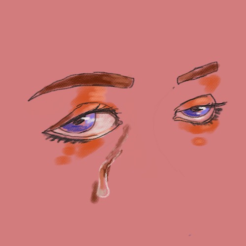 An illustration shows tears falling from a woman's eyes.