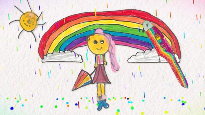 Animated image of a child holding an umbrella in the rain with a rainbow in the background