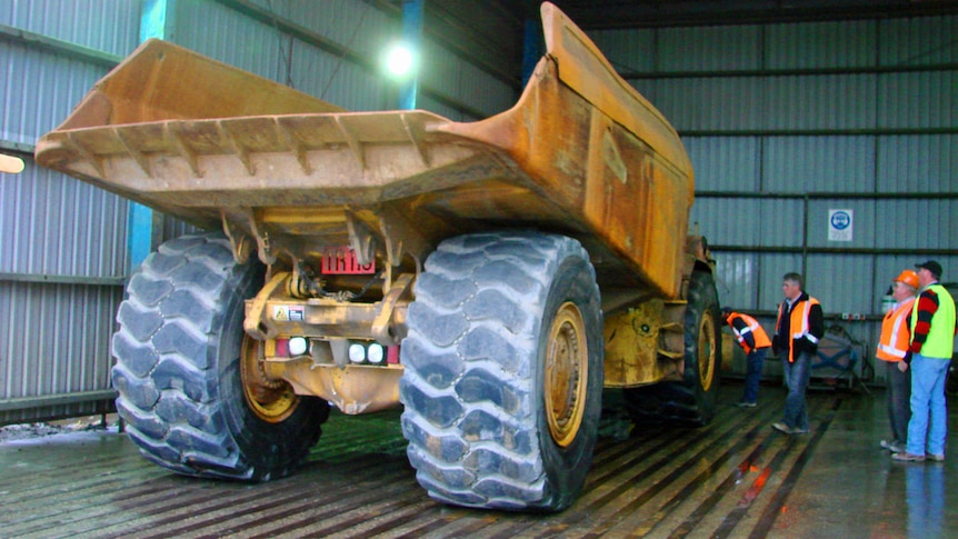 A Caterpillar mining truck being serviced in Burnie, Tasmania