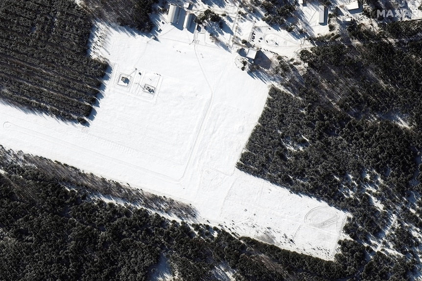 A satellite image shows an overview of V D Bolshoy Bokov airfield before a deployment, near Mazyr