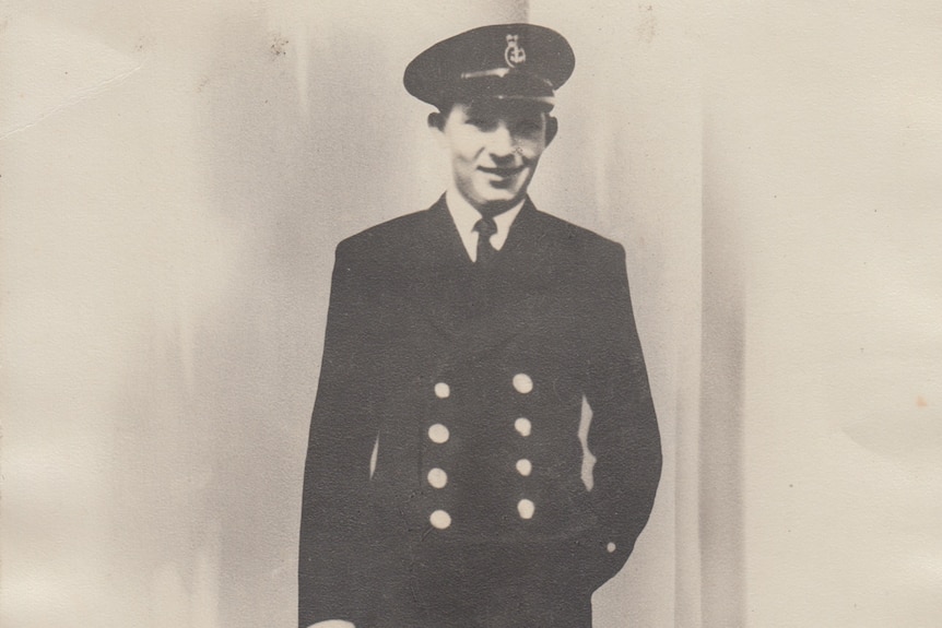 Black and White portrait of Fred Wallace in his Navy uniform.