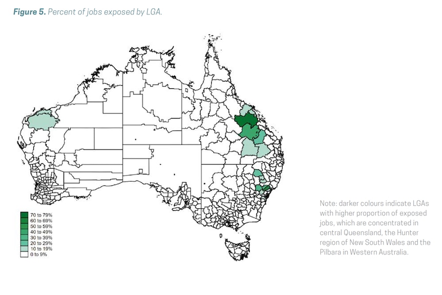 A map of Australia by Local Government Area, green and dark green areas show LGAs most impacted.