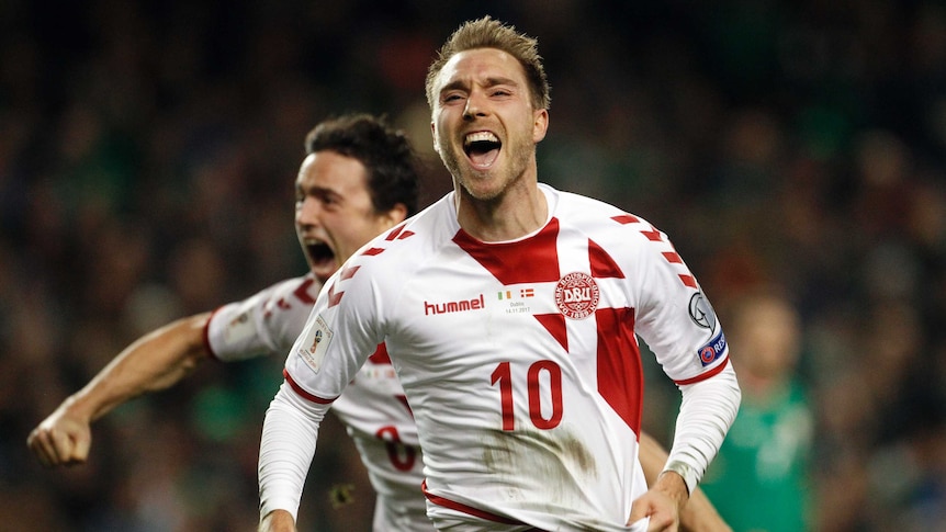 Christian Eriksen celebrates Denmark's third goal against Ireland