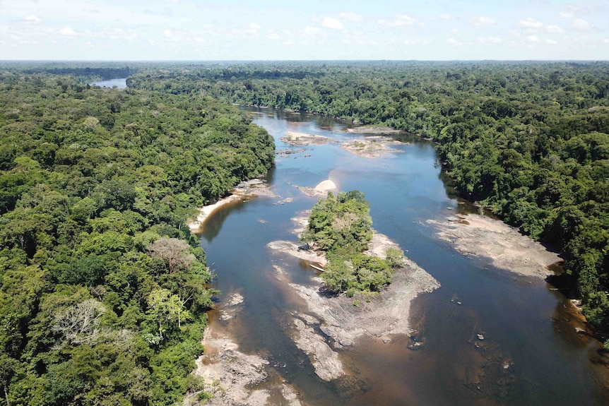 An aerial view of the highlands regions of the Amazon