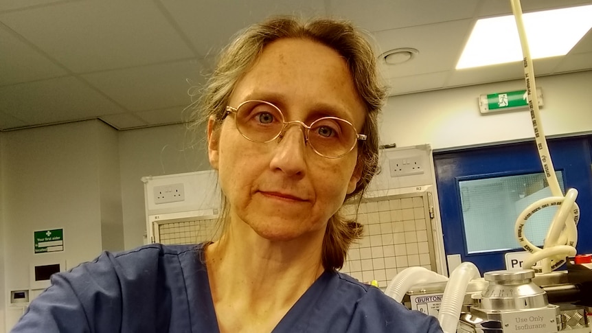 Woman wearing glasses in blue scrubs in a veterinary operating theatre