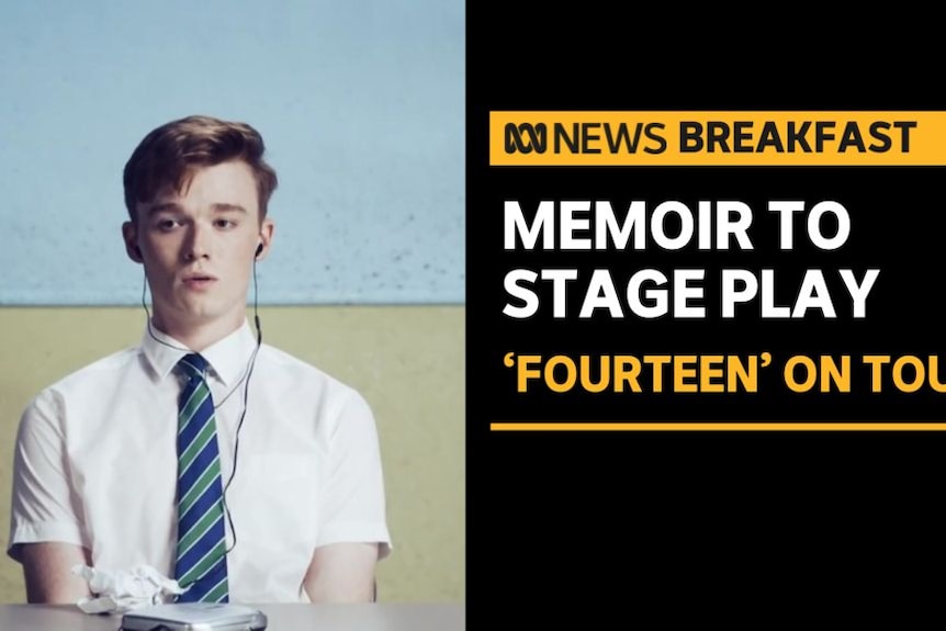 Memoir To Stage Play, 'Fourteen' On Tour: Teenage boy with blonde hair wears school uniform sitting down with headphones in.