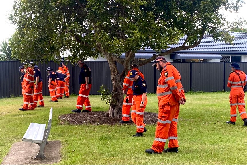 a group of SES workers in orange clothing walk through a grassy park area looking for evidence on the ground