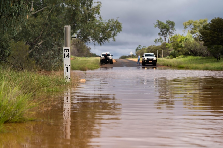 Water over an outback road. Bushes and trees beside the road and 4WD's stopped at the water's edge.