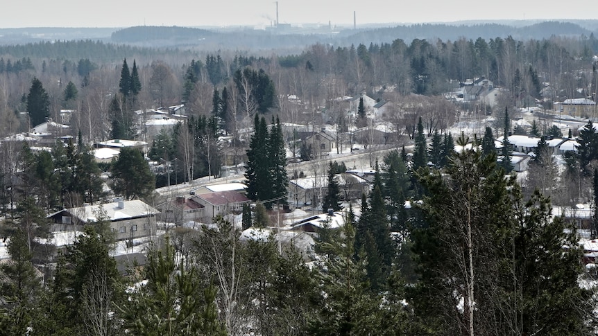 A high angle photo shows a town covered in snow among pine trees.