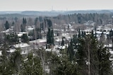 A high angle photo shows a town covered in snow among pine trees.