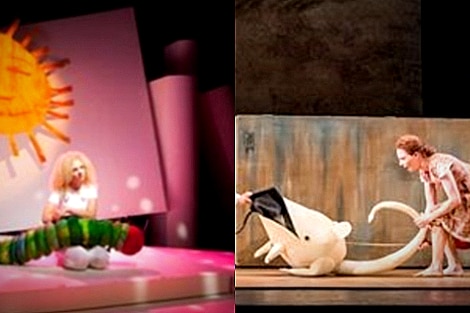 On the left a woman sits on stage with a large toy caterpillar, on the right a woman holds a large toy mouse