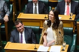 A brunette woman is pictured in NZ parliament behind a microphone as she smiles.