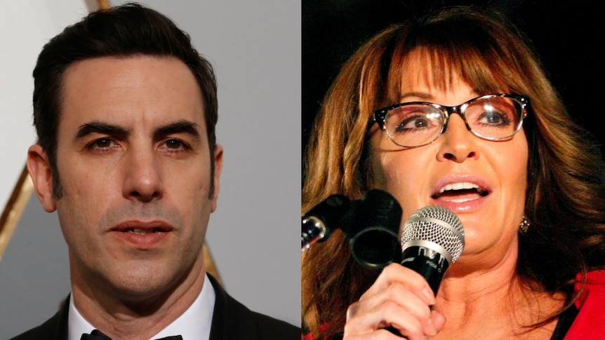 Sacha Baron Cohen (left) in a tuxedo, Sarah Palin (right) speaks on stage