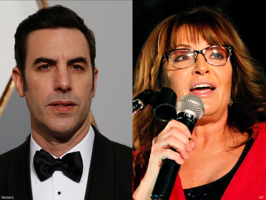 Sacha Baron Cohen (left) in a tuxedo, Sarah Palin (right) speaks on stage