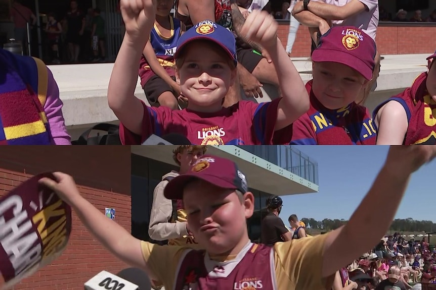 Young fans doing Charlie Cameron's famous motorbike goal celebration hand gesture