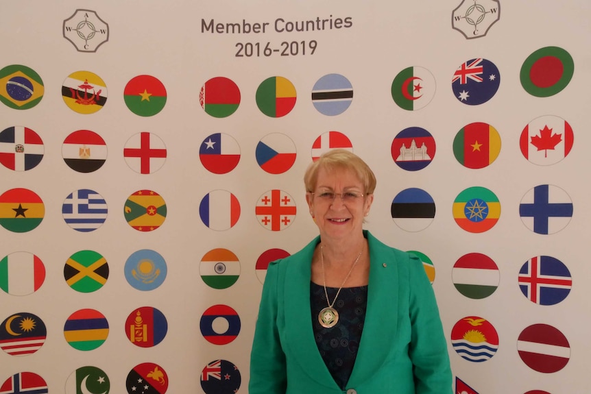 A woman in a green jacket stands in front of poster with flags of member countries
