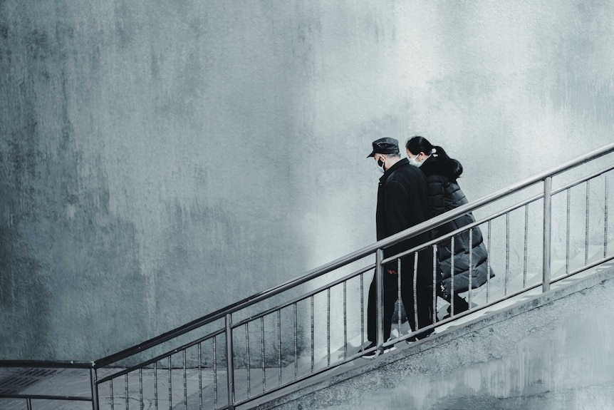 Two people walking down a staircase wearing face masks