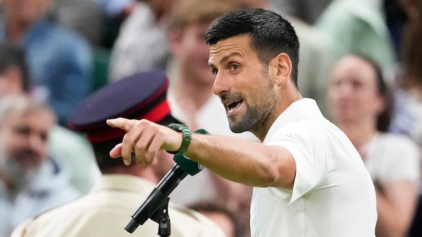 Novak Djokovic stands at a microphone and points his finger at the crowd on Centre Court at Wimbledon.