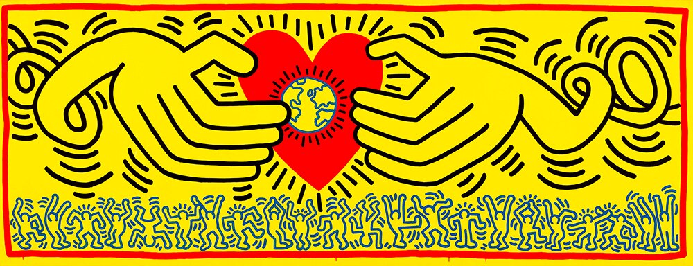 On yellow background, two large hands reach towards red heart with earth at centre while 22 people figures dance.