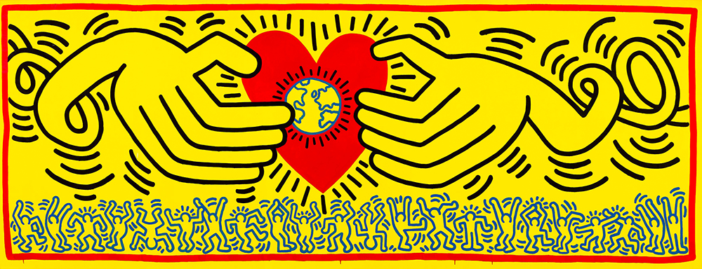 On yellow background, two large hands reach towards red heart with earth at centre while 22 people figures dance.