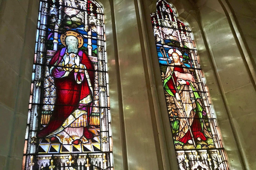 Stained glass windows at the Melton Mowbray church in Tasmania.