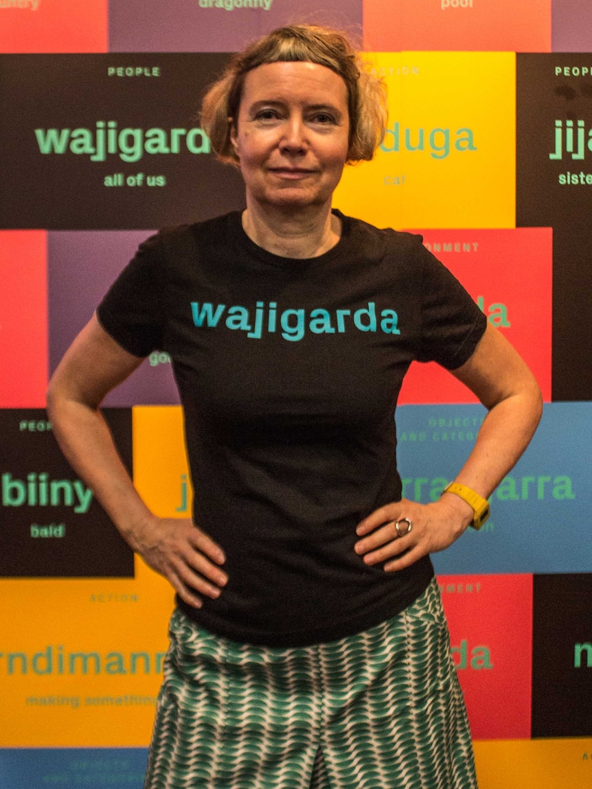 Pia Lanzinger with a display from her work Geraldton goes Wajarri.