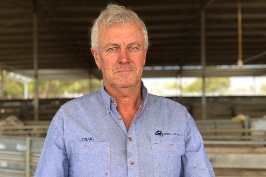 WA farmer Craig Heggaton looks straight down the barrel of the camera. He is standing in a shed, in a blue shirt with his name