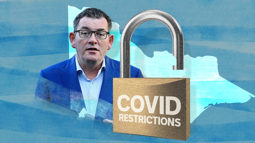 A slightly opened padlock with 'COVID Restrictions' on it next to a photo of Victorian Premier Dan Andrews.