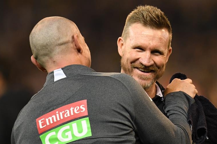 Coach Nathan Buckley reacts after Collingwood's win over Richmond at the MCG