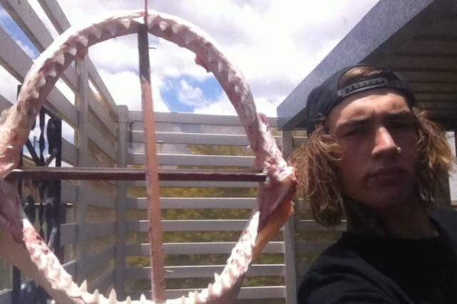 Young man poses with shark jaws