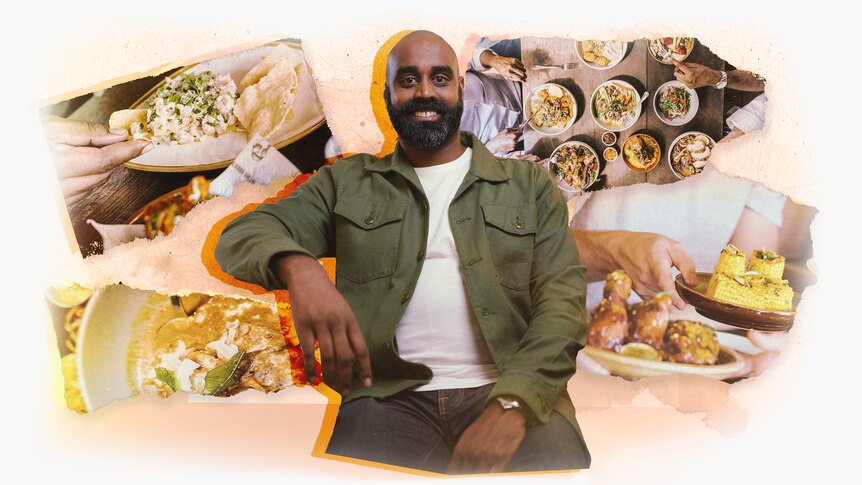 Graphic showing man in centre, smiling, surrounded by plates of food