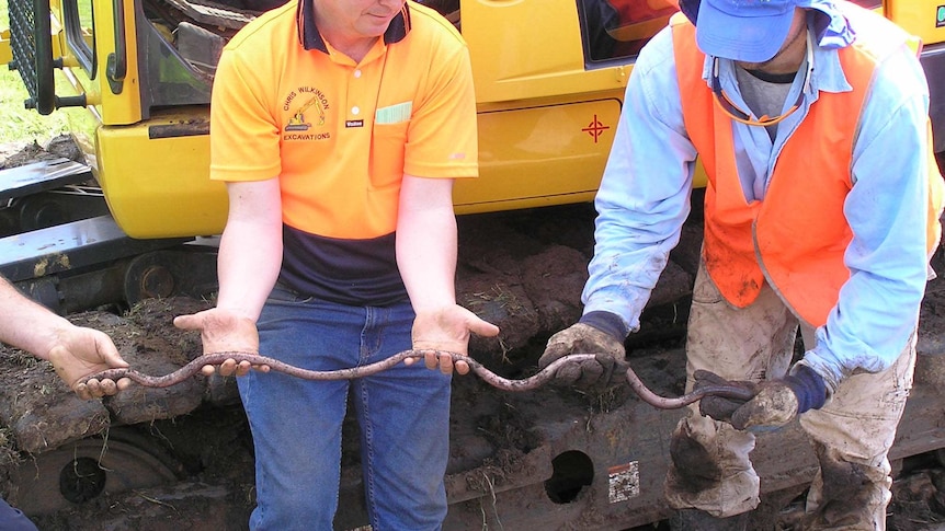 Two people hold a giant Gippsland earthworm.