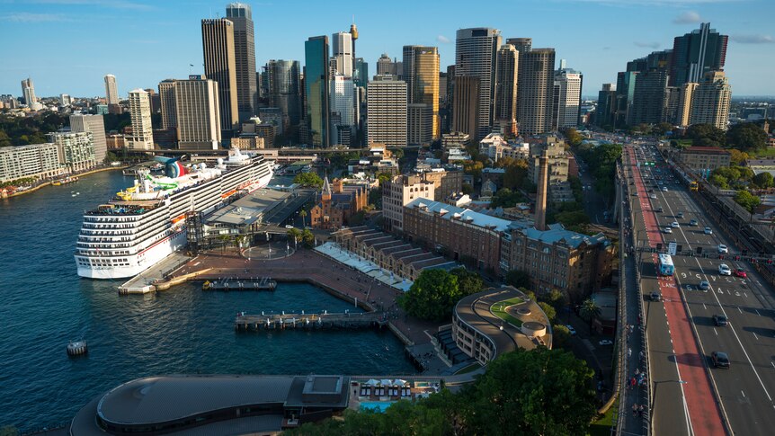 Sydney skyline with The Rocks in foreground.