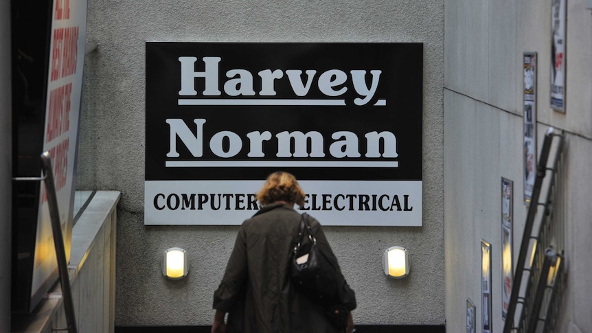 Harvey Norman signage outside a retail store in Martin Place, Sydney