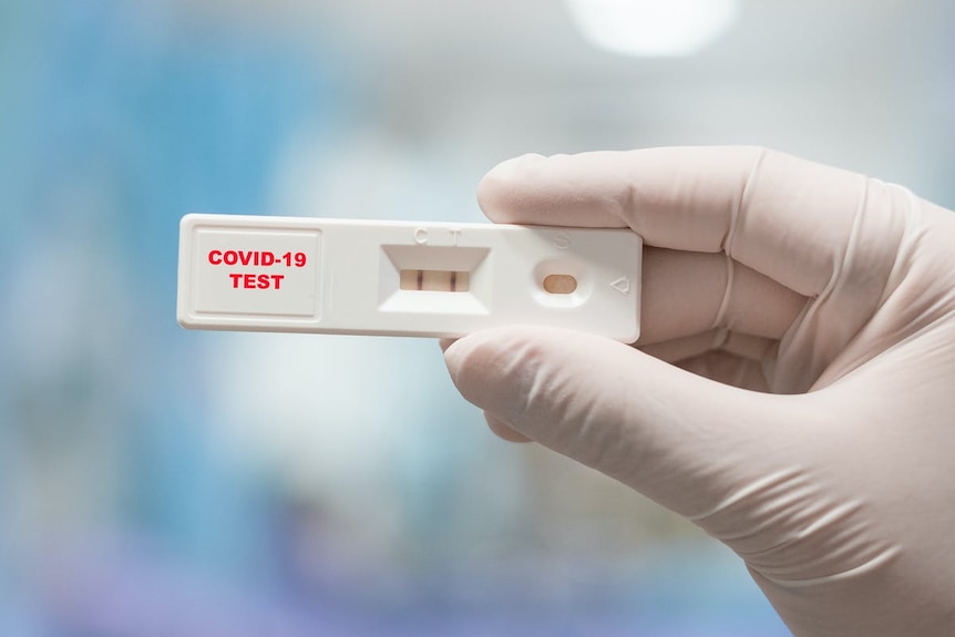 A person holds up a COVID-19 test indicator
