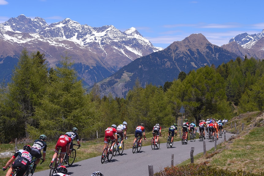 Cyclists ride on a road with snow-capped mountains in the background