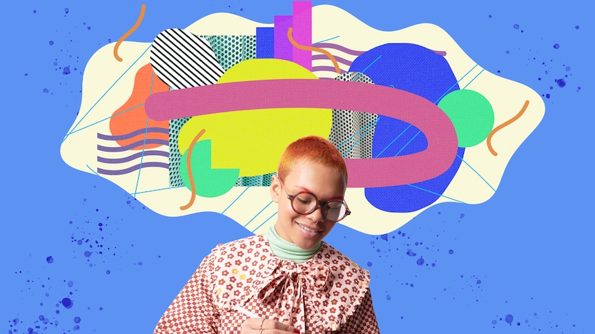 woman smiling writing on a pad of paper, with animated cloud of patterns and colours above her, symbolising creativity