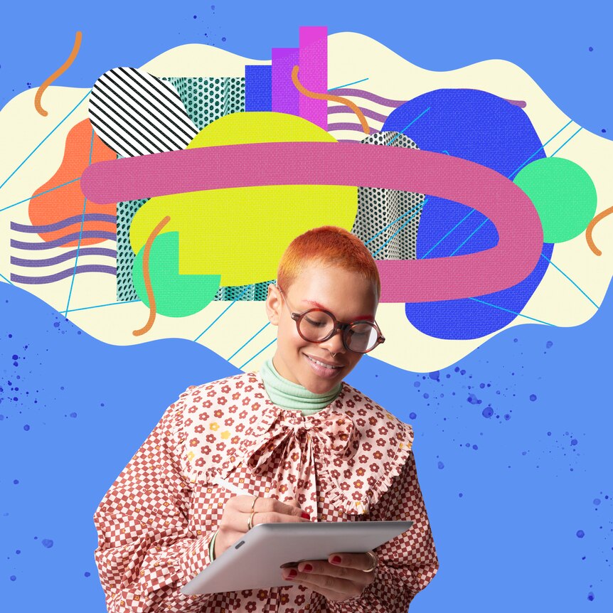 woman smiling writing on a pad of paper, with animated cloud of patterns and colours above her, symbolising creativity