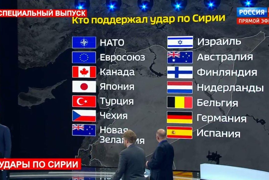 Russian TV shows a list of countries who supported the strike.