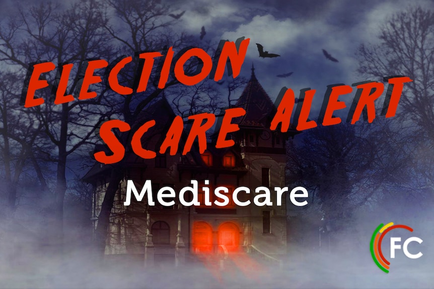 A haunted house with red doors, title overlay: "ELECTION SCARE ALERT" subtitle "MEDISCARE"