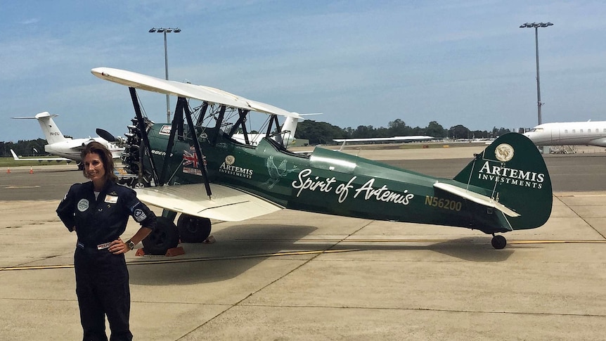 British pilot Tracey Curtis-Taylor with biplane Spirit of Artemis