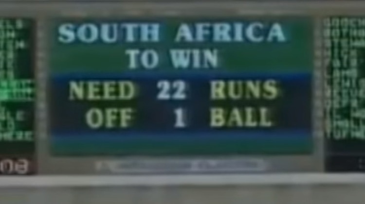 A screenshot of a cricket scoreboard, showing: "South Africa to win need 22 runs off 1 ball".