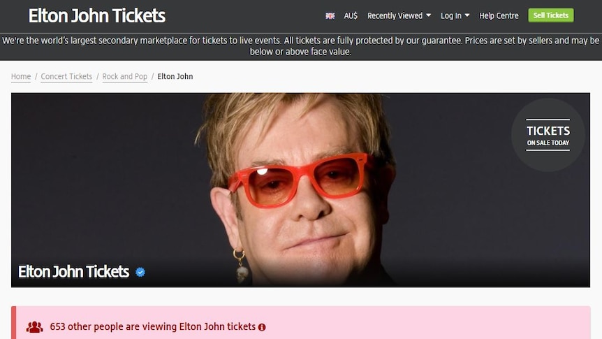 A screenshot of the Viagogo website featuring a large image of Elton John