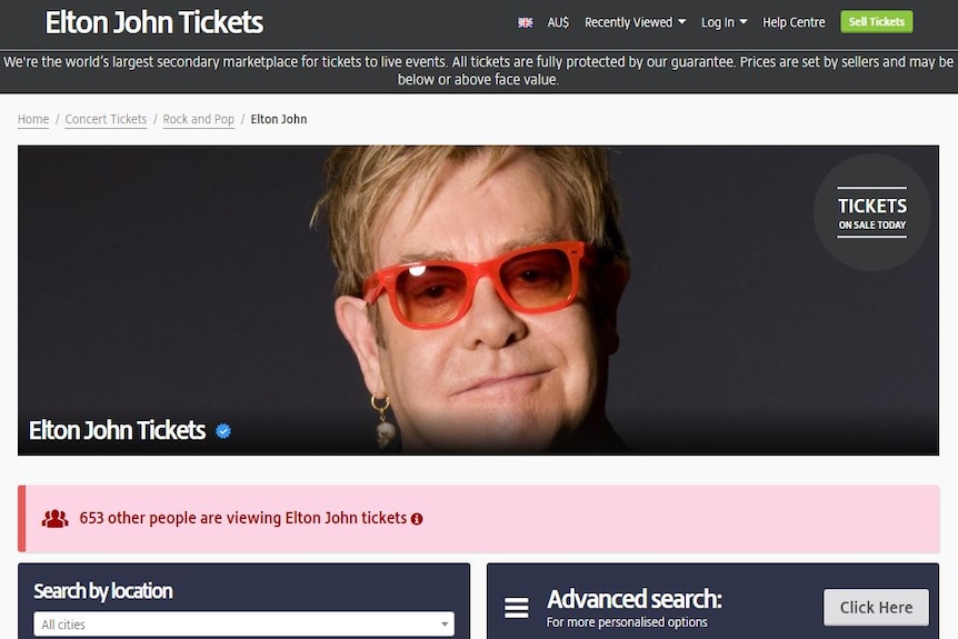 A screenshot of the Viagogo website featuring a large image of Elton John