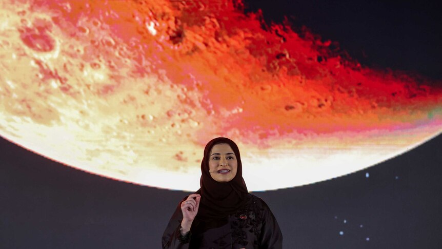 Sarah bint Yousef Al Amiri, UAE Minister of State for Advanced Sciences, speaks during an event to mark Hope Probe's.