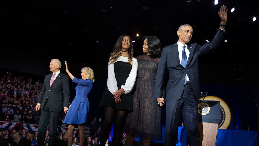 President Barack Obama waves to the crowd after delivering farewell speech