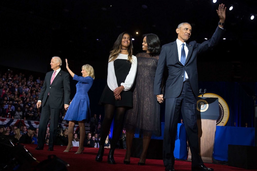 President Barack Obama waves to the crowd after delivering farewell speech